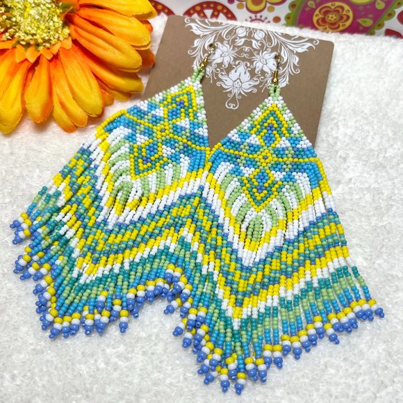 Hand Beaded Long Fringe Earrings Huge Southwest Tribal Ethnic Native Indian NWT - Picture 5 of 6